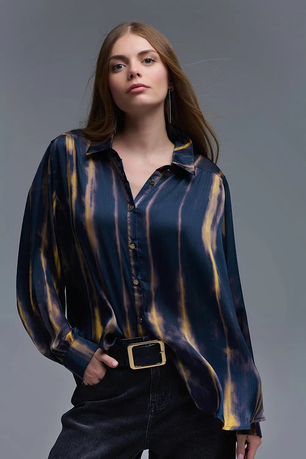 Satin Effect Tie-Dye Shirt with Navy and Ochre Stripes - Shirts