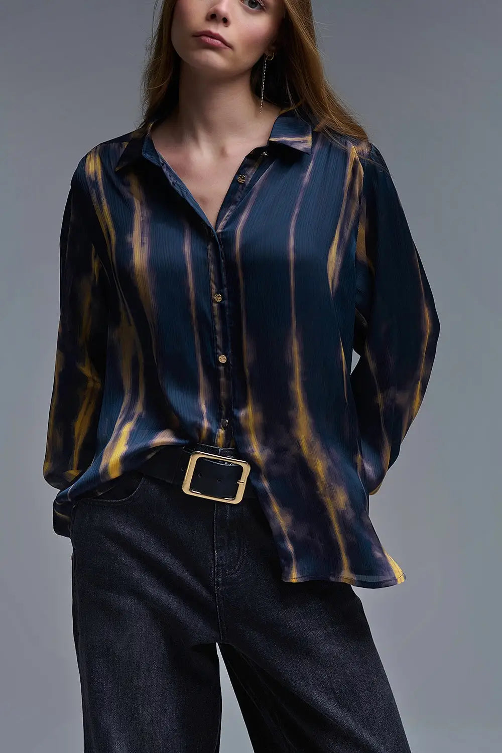 Satin Effect Tie-Dye Shirt with Navy and Ochre Stripes - Shirts