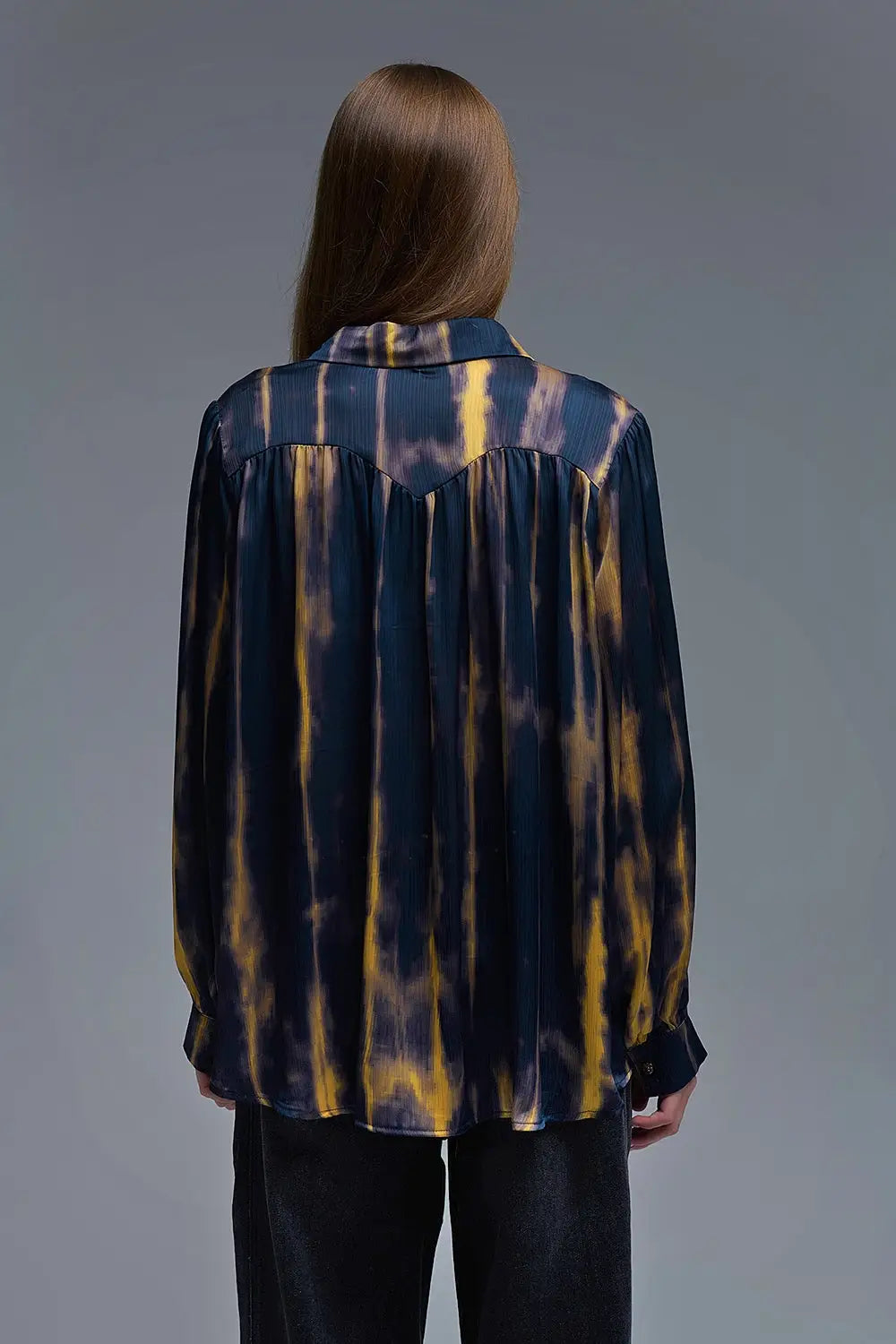 Satin Effect Tie-Dye Shirt with Navy and Ochre Stripes - Shirts