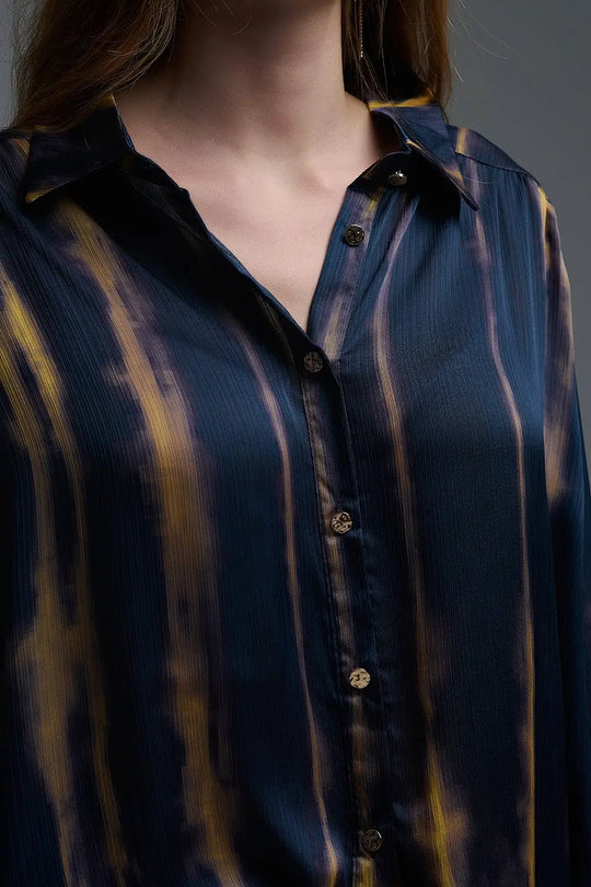 Satin Effect Tie-Dye Shirt with Navy and Ochre Stripes - Shirts