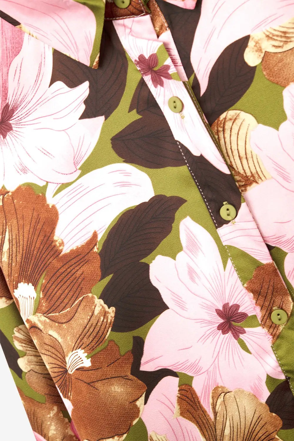 Satin Finish Tropical Floral Shirt in Olive Green - Shirts