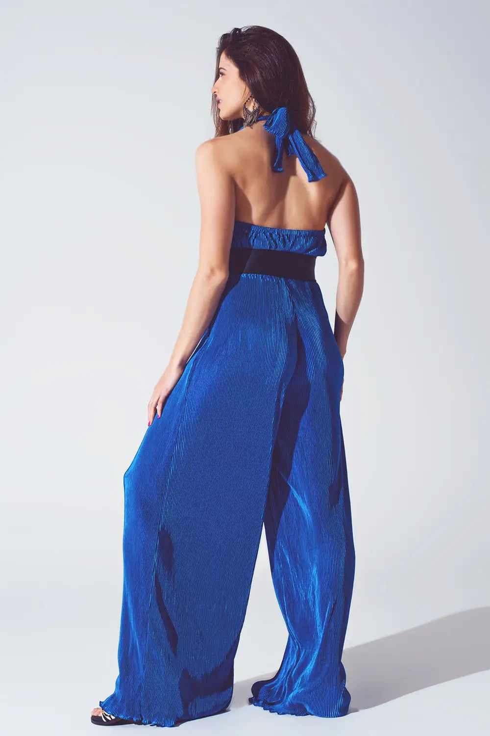 Satin Halter Neck Pleated Maxi Jumpsuit in Blue - Dresses