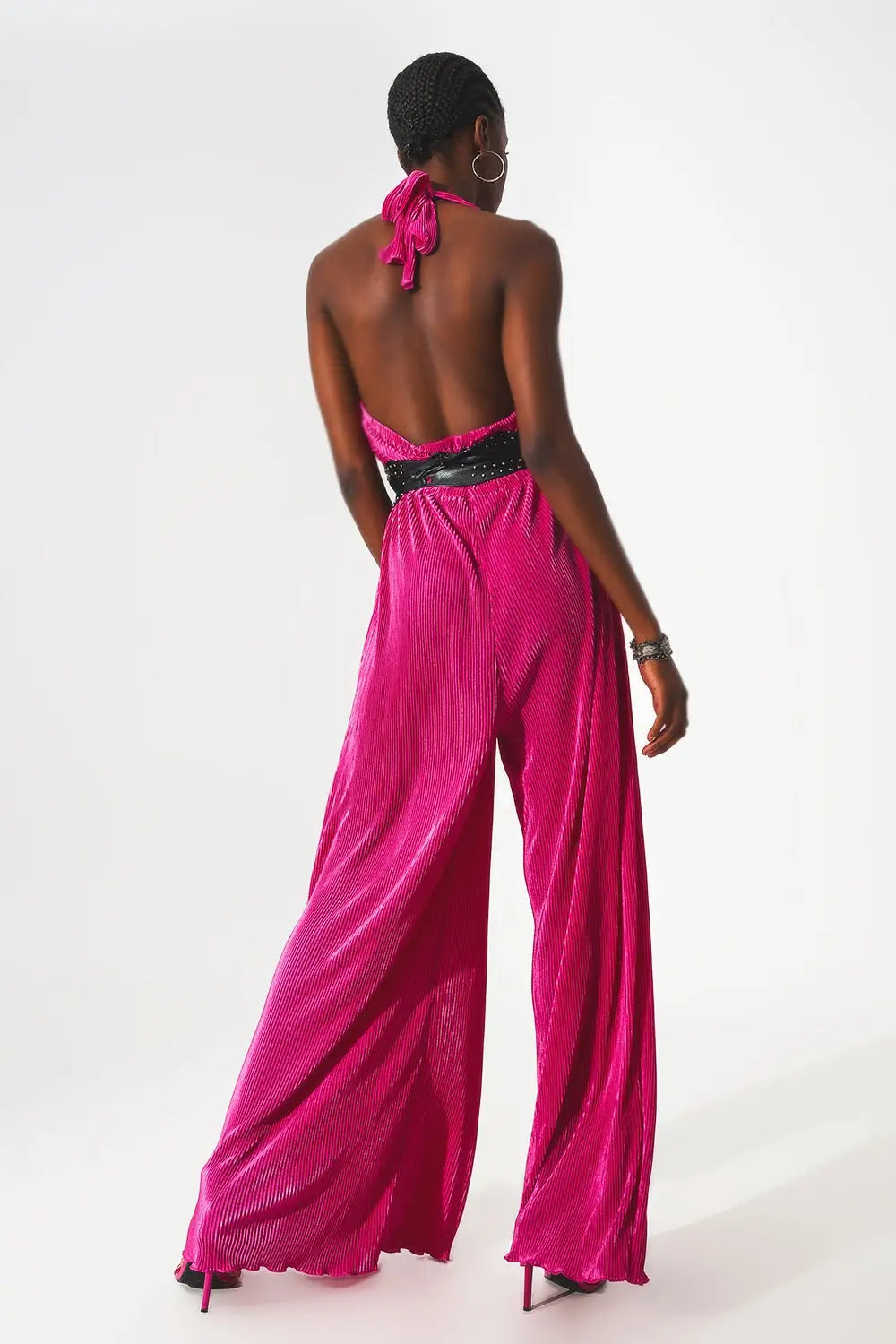 Satin halter neck pleated maxi jumpsuit in fuchsia - Dresses