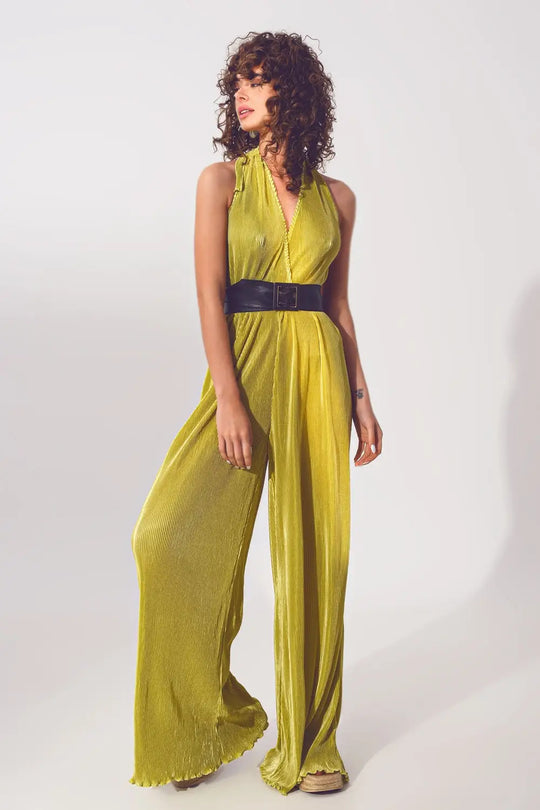 Satin Halter Neck pleated maxi jumpsuit in Green - Dresses