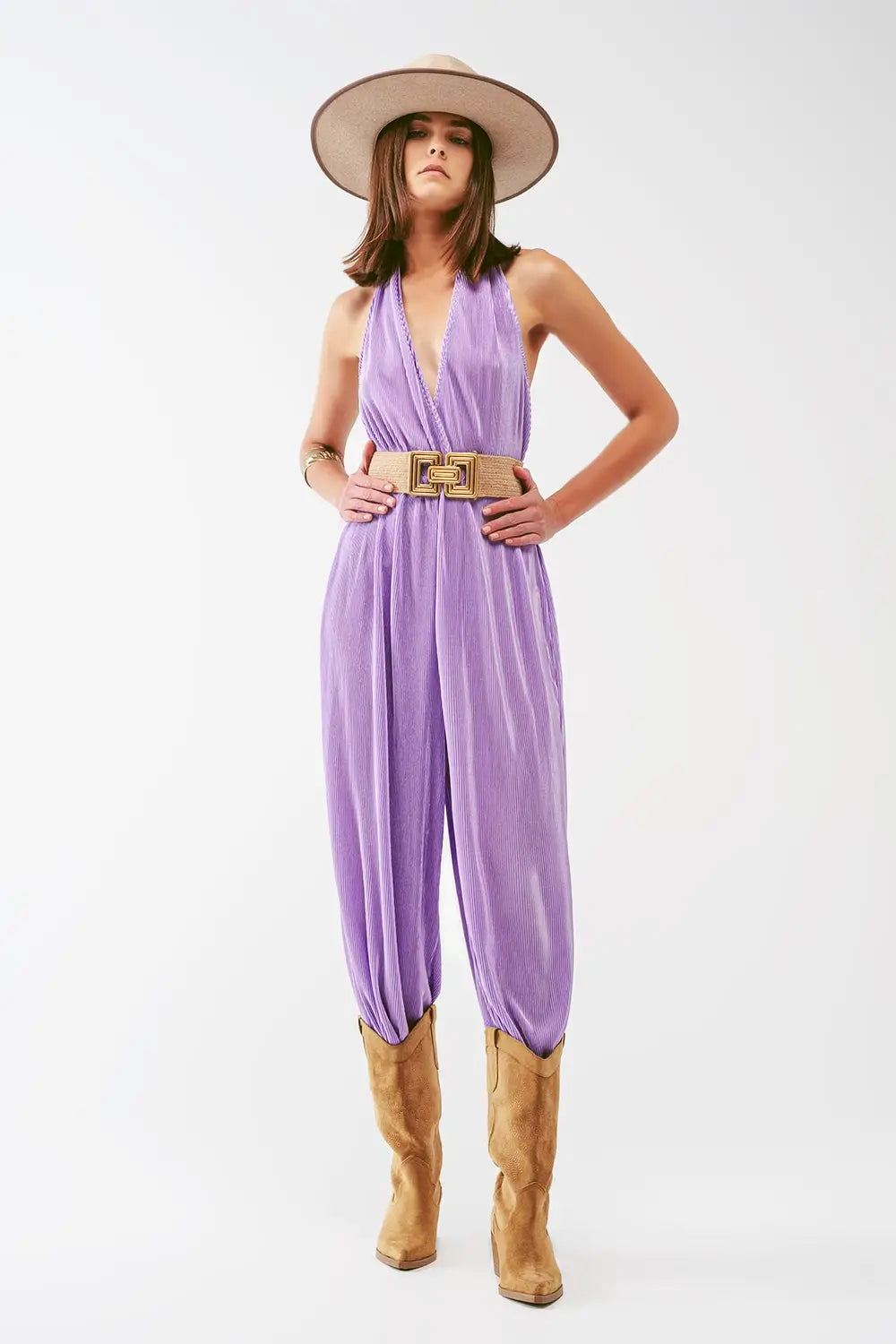 Satin Halter Neck Pleated Maxi Jumpsuit in lilac - Dresses