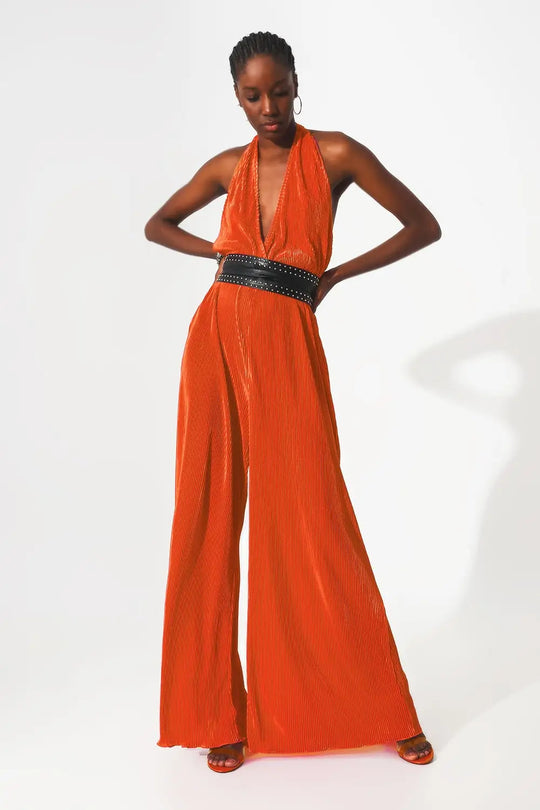 Satin halter neck pleated maxi jumpsuit in orange - Dresses