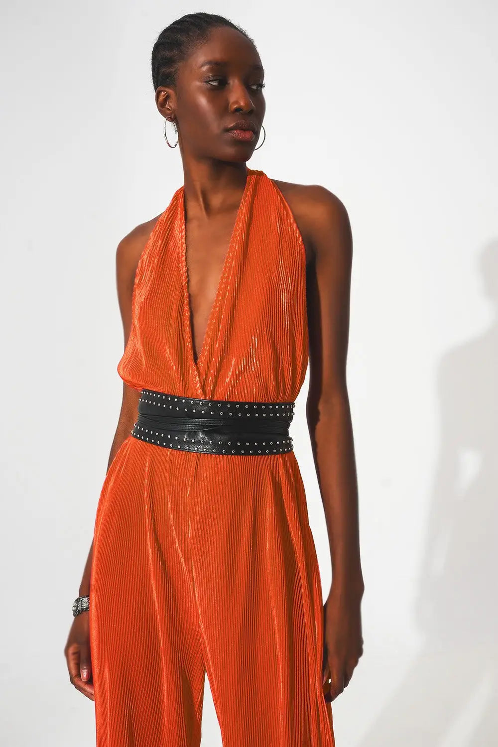 Satin halter neck pleated maxi jumpsuit in orange - Dresses