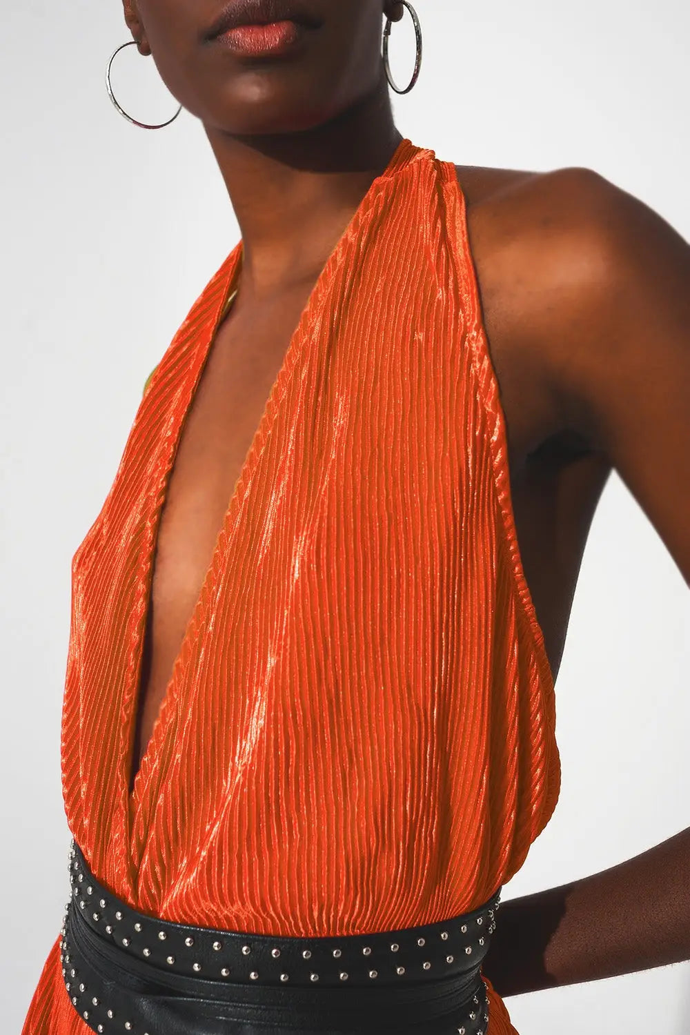 Satin halter neck pleated maxi jumpsuit in orange - Dresses