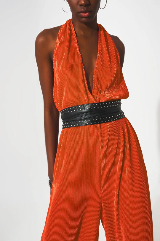 Satin halter neck pleated maxi jumpsuit in orange - Dresses