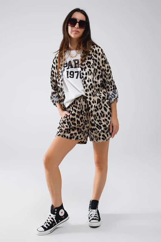 Satin Leopard Print Shorts With Pockets - Pants