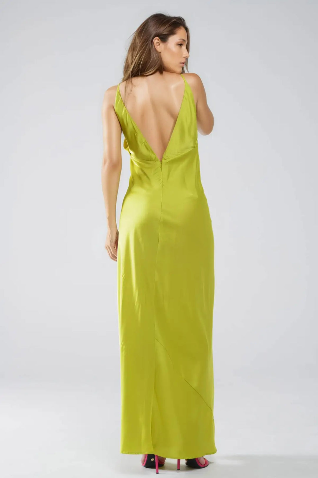 Satin Maxi Dress With Spaghetti Straps in Lime Green - Dresses