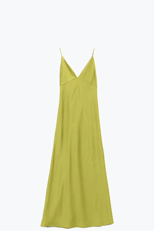 Satin Maxi Dress With Spaghetti Straps in Lime Green - Dresses