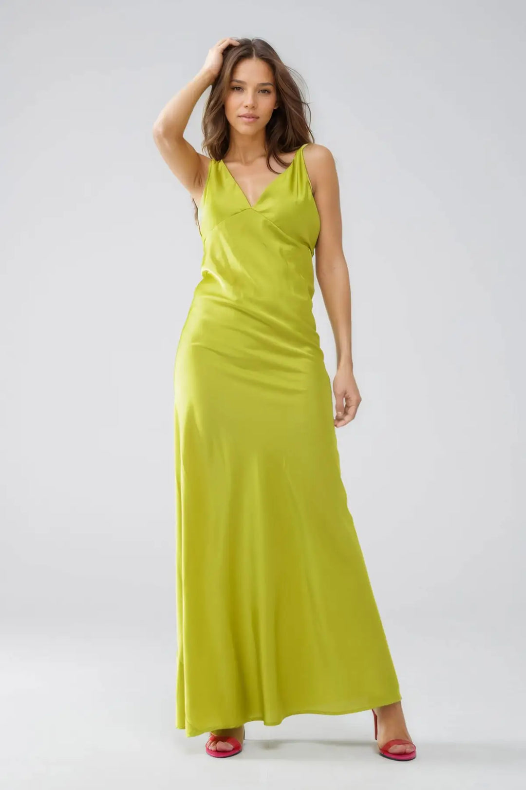 Satin Maxi Dress With Spaghetti Straps in Lime Green - Dresses