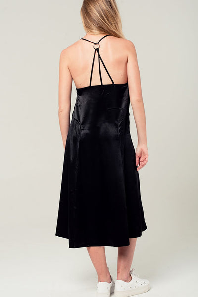 Satin midi dress with back detail in black