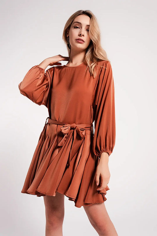 Satin mini dress with belt in orange - Dresses