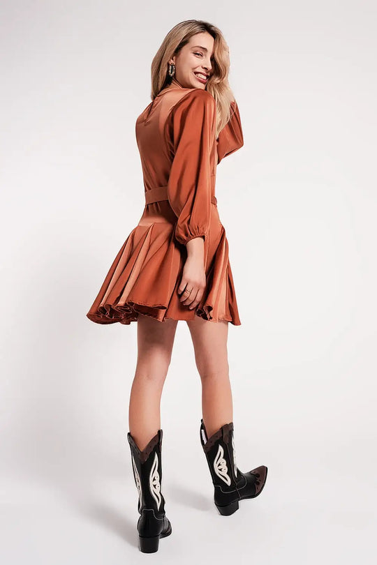 Satin mini dress with belt in orange - Dresses