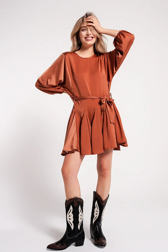 Satin mini dress with belt in orange - Dresses