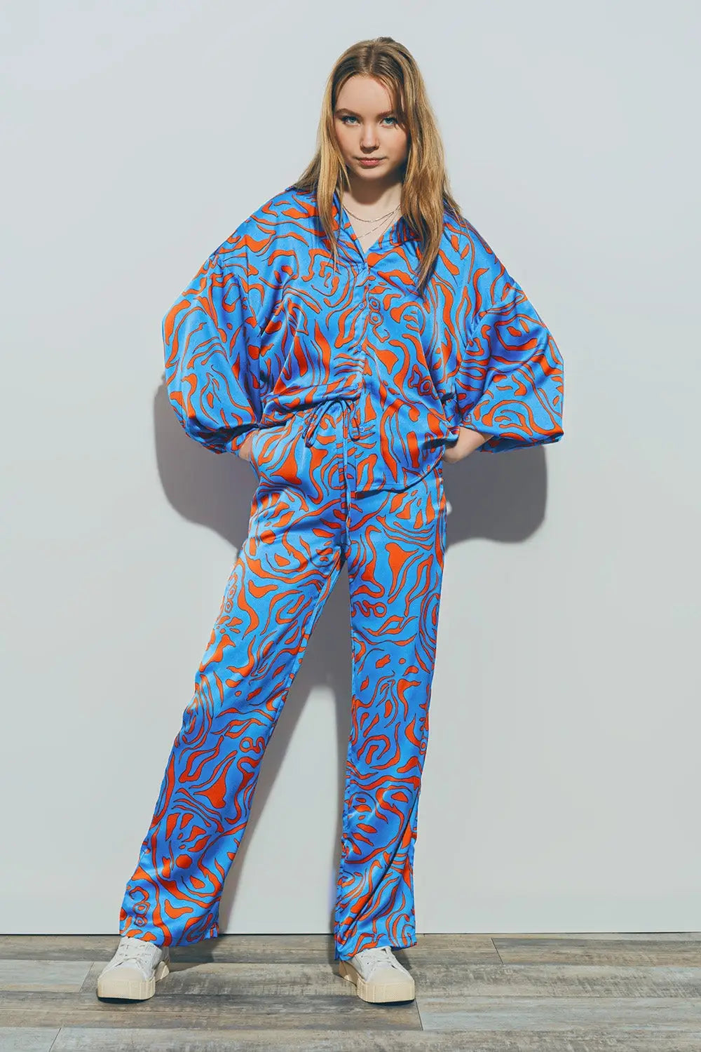 Satin Pants with Elastic Waist in Blue - Pants