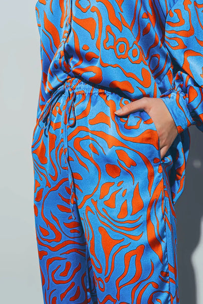 Satin Pants with Elastic Waist in Blue - Pants