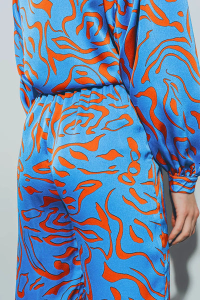 Satin Pants with Elastic Waist in Blue - Pants