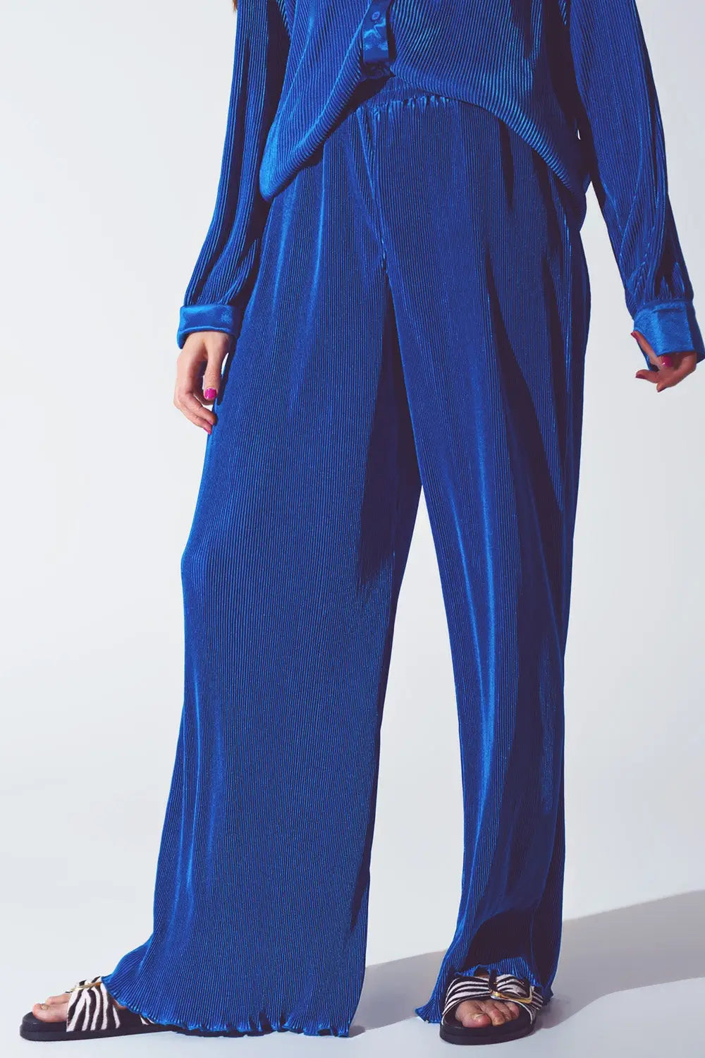 Satin Pleated Wide Leg Pants in Blue - Pants