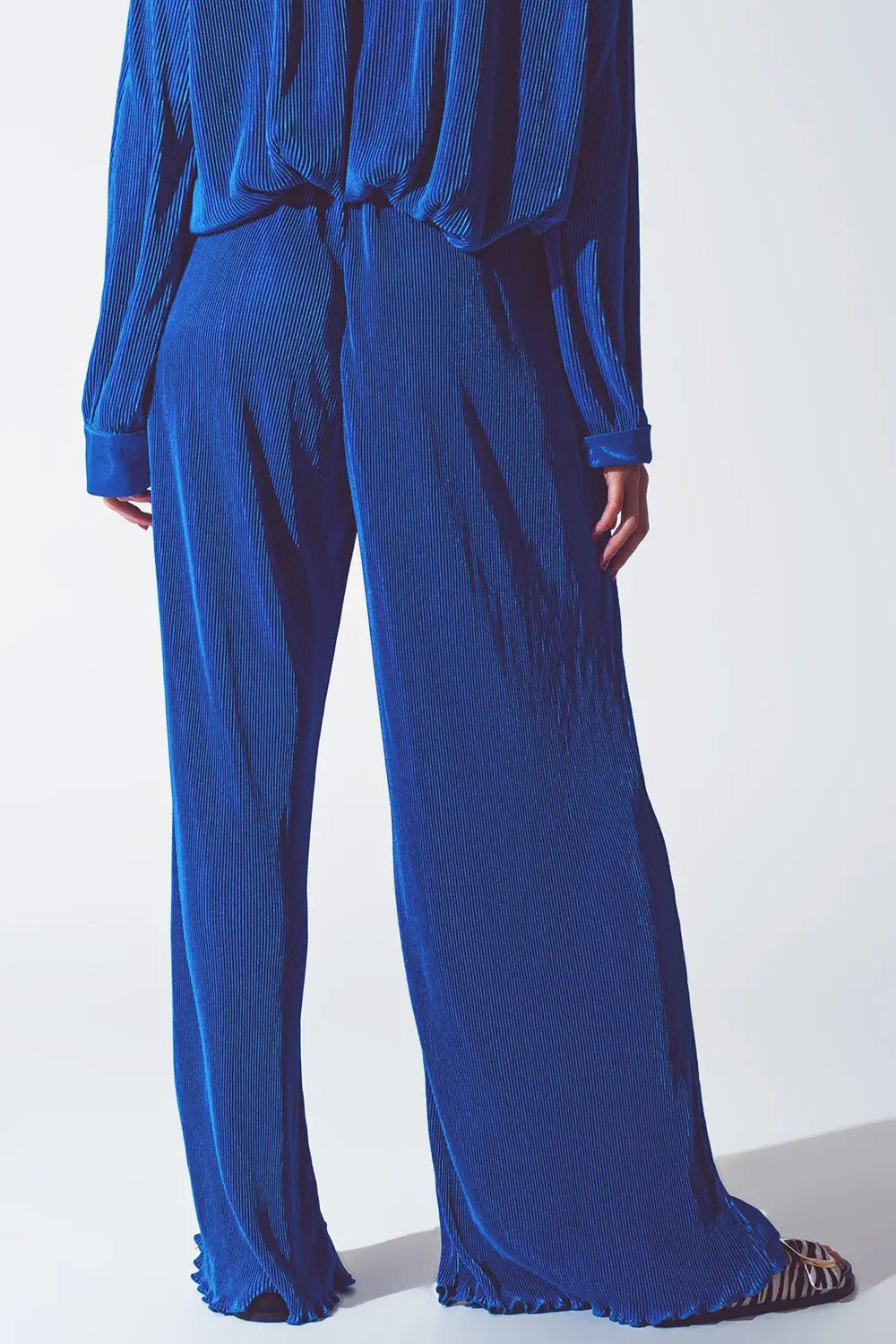 Satin Pleated Wide Leg Pants in Blue - Pants