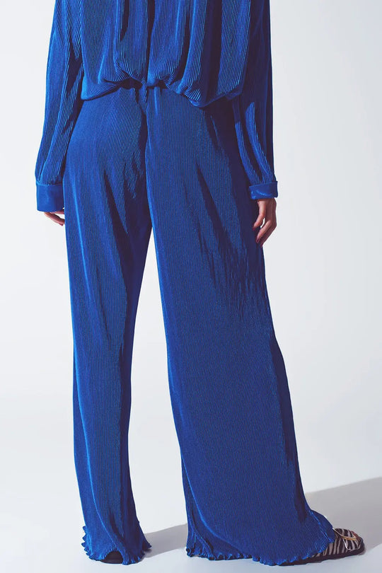 Satin Pleated Wide Leg Pants in Blue - Pants