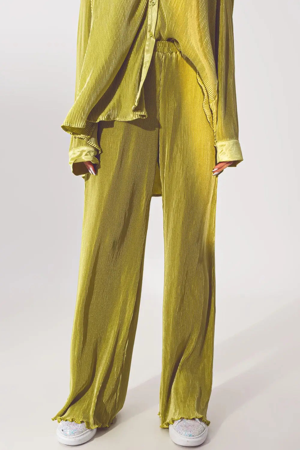 Satin Pleated Wide Leg Pants in Green - Pants