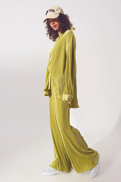 Satin Pleated Wide Leg Pants in Green - Pants