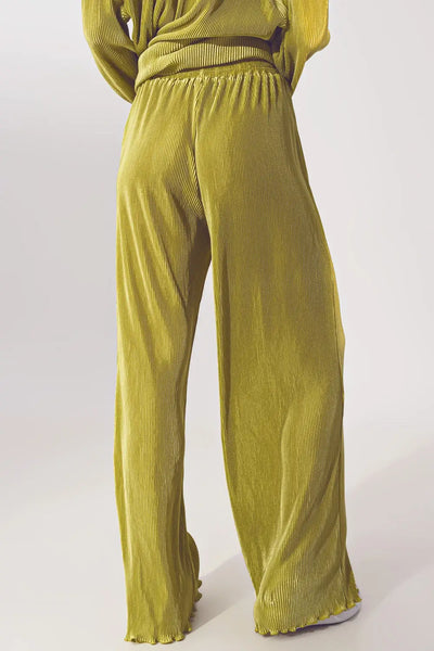 Satin Pleated Wide Leg Pants in Green - Pants