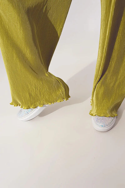 Satin Pleated Wide Leg Pants in Green - Pants