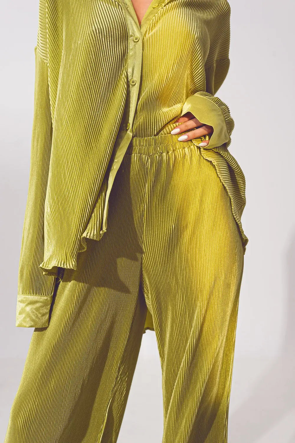 Satin Pleated Wide Leg Pants in Green - Pants