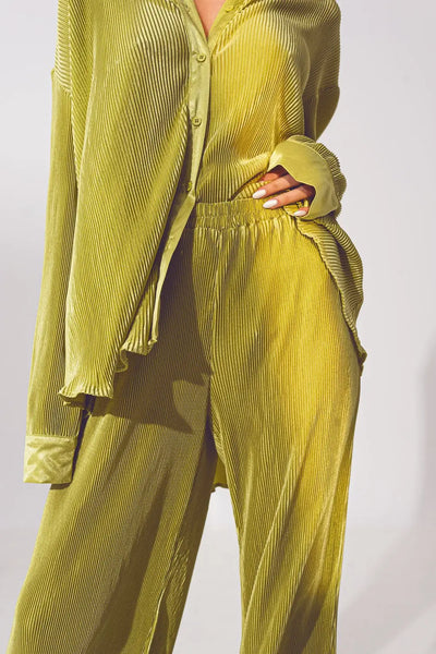 Satin Pleated Wide Leg Pants in Green - Pants