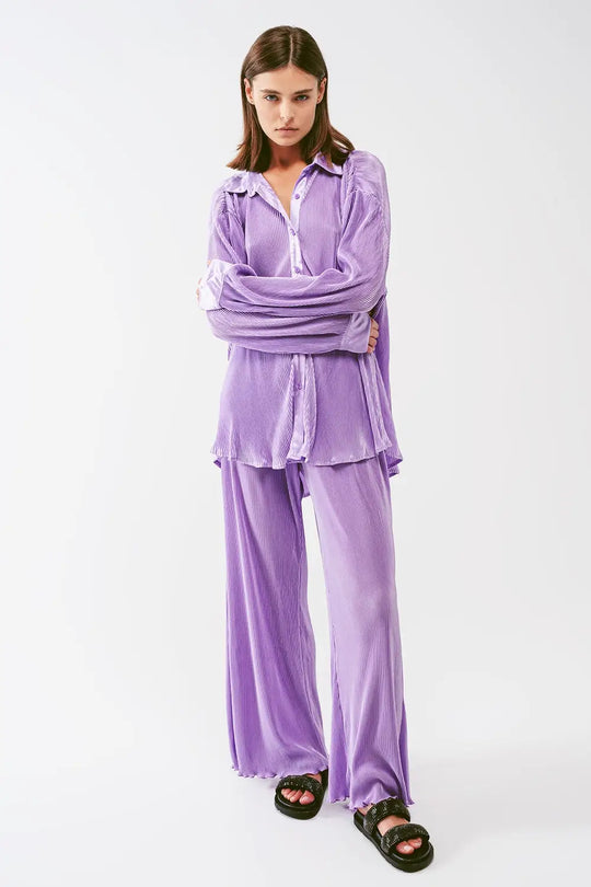 Satin Pleated Wide Leg Pants in lilac - Pants