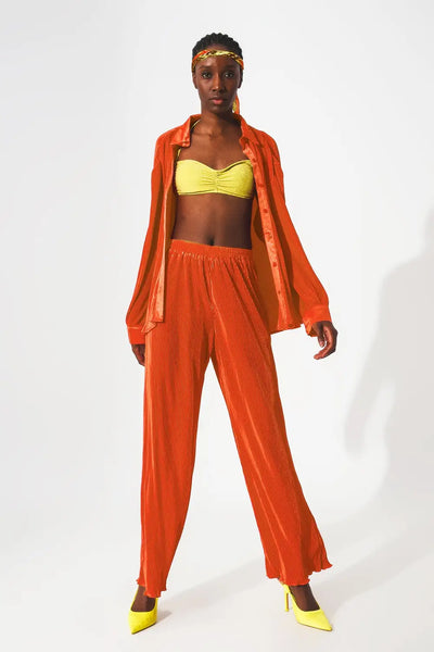 Satin pleated wide leg pants in orange - Pants