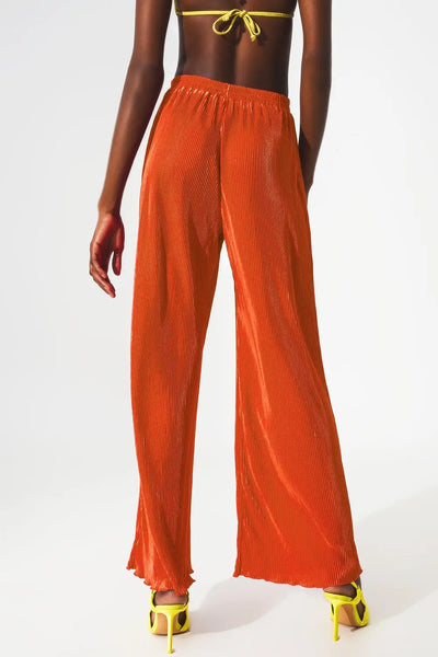 Satin pleated wide leg pants in orange - Pants