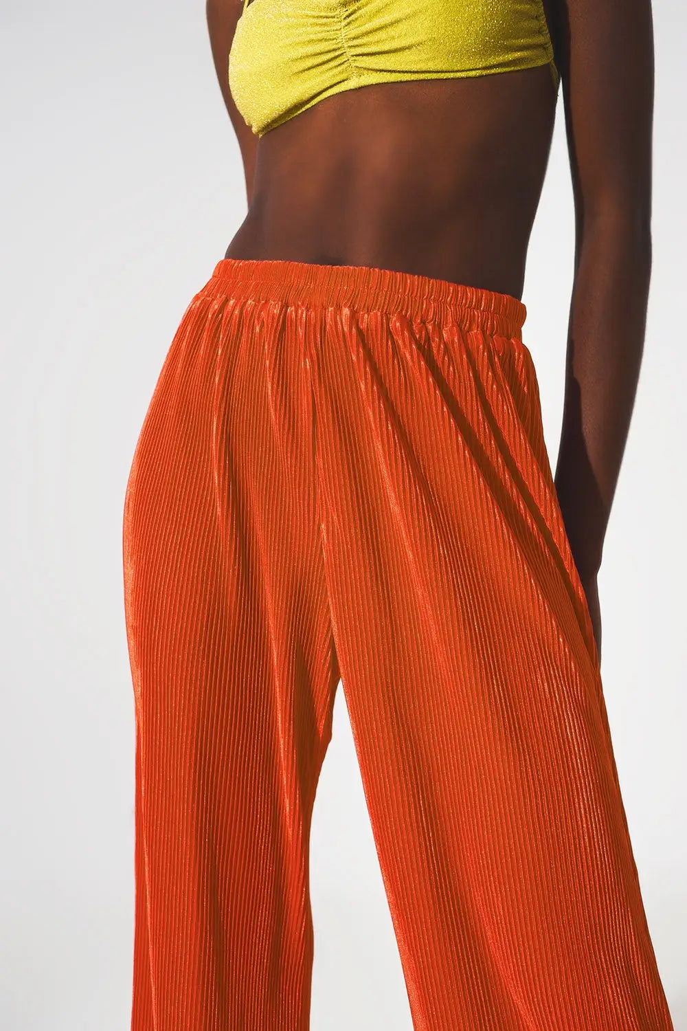 Satin pleated wide leg pants in orange - Pants