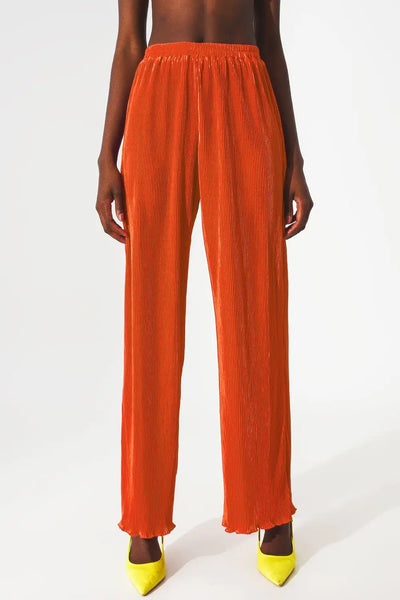 Satin pleated wide leg pants in orange - Pants