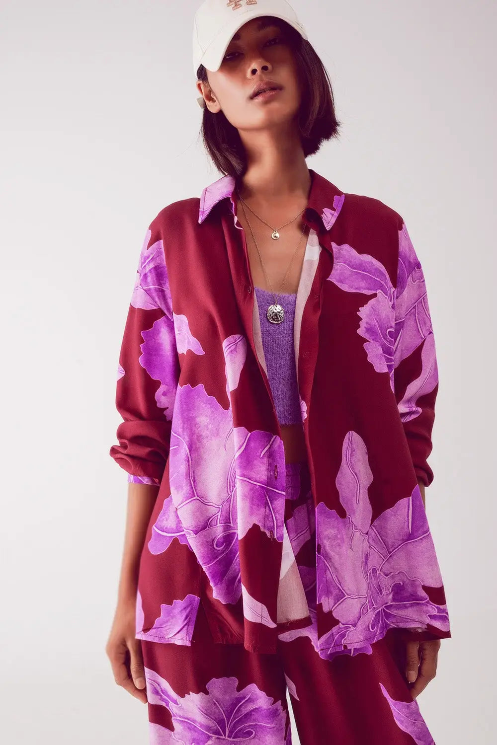 Satin shirt in fuchsia with large floral print - One Size / Fuchsia - Shirts