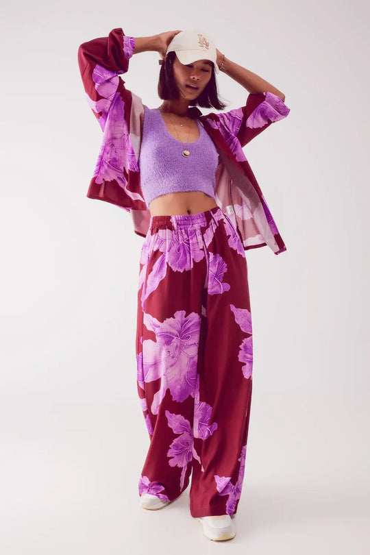Satin shirt in fuchsia with large floral print - One Size / Fuchsia - Shirts