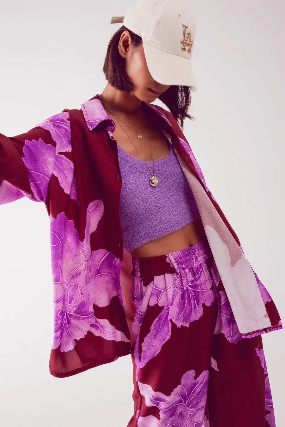 Satin shirt in fuchsia with large floral print - One Size / Fuchsia - Shirts