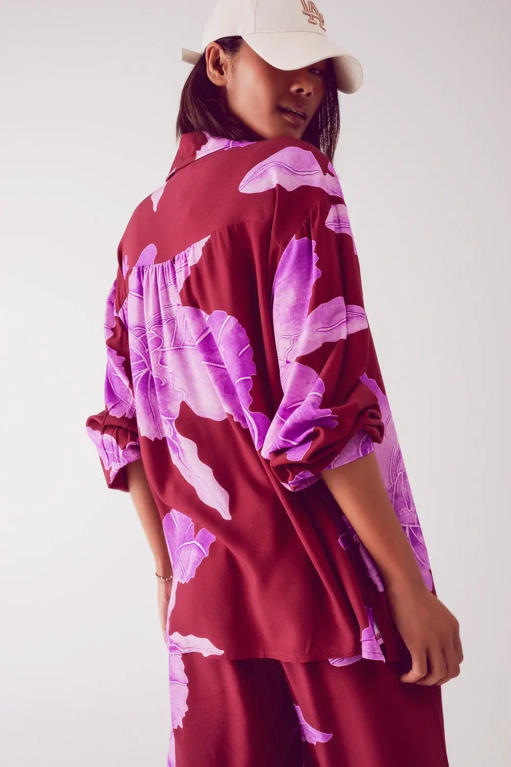 Satin shirt in fuchsia with large floral print - One Size / Fuchsia - Shirts