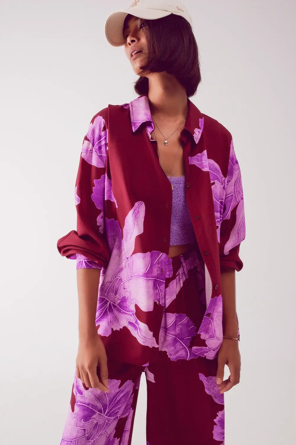 Satin shirt in fuchsia with large floral print - One Size / Fuchsia - Shirts