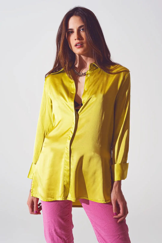 Satin shirt with split cuff in lime green - Shirts