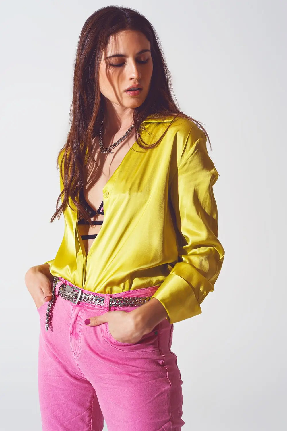 Satin shirt with split cuff in lime green - Shirts