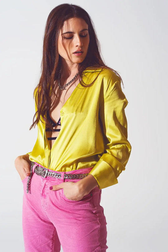 Satin shirt with split cuff in lime green - Shirts