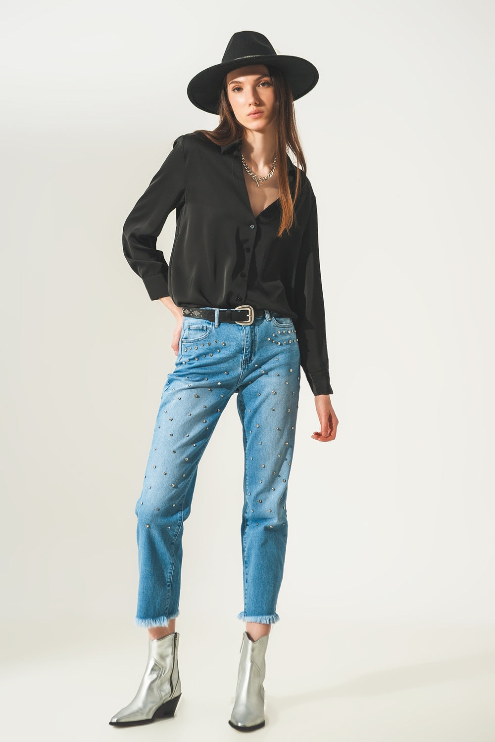 Satin shirt with v neck in black