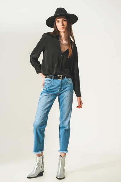 Satin shirt with v neck in black