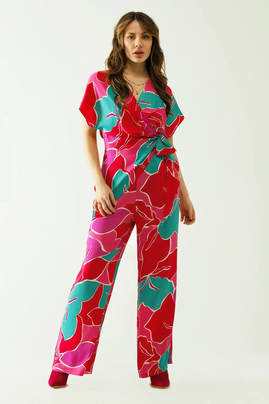 Satin Short sleeves top with floral design and a knot detail - Tops