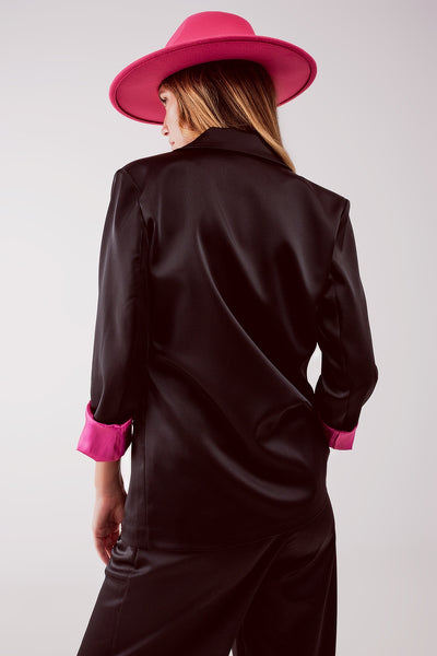 Satin tailored double breast blazer in black